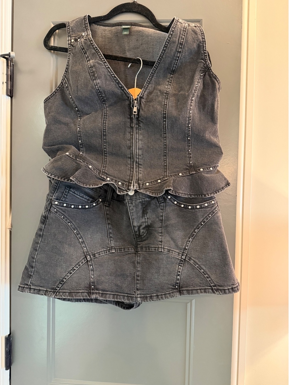 Wild Fable Women's Denim Skirt Vest Set in Gray with Studded Detail, Size M/L